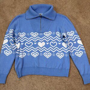 Beach Riot Sweater Women M Blue Fair Isle Ski Beach Hearts Quarter Zip Oversized